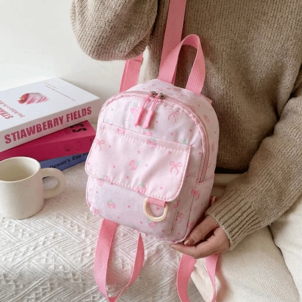 Casual Lightweight Mini Backpack Strawberry Nylon Bowknot Printed Bag Polyester Simple Daypack Daily Use