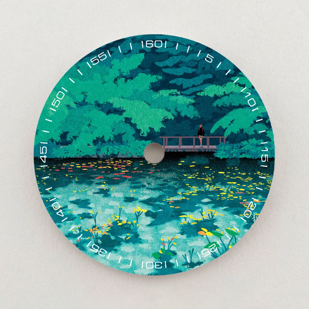 28.5mm NH35 Dial Green Forest Lake Scenery Pattern Dial Luminous Dial Color NH36 Dial Watch Accessories Fits NH35/NH36 Movements