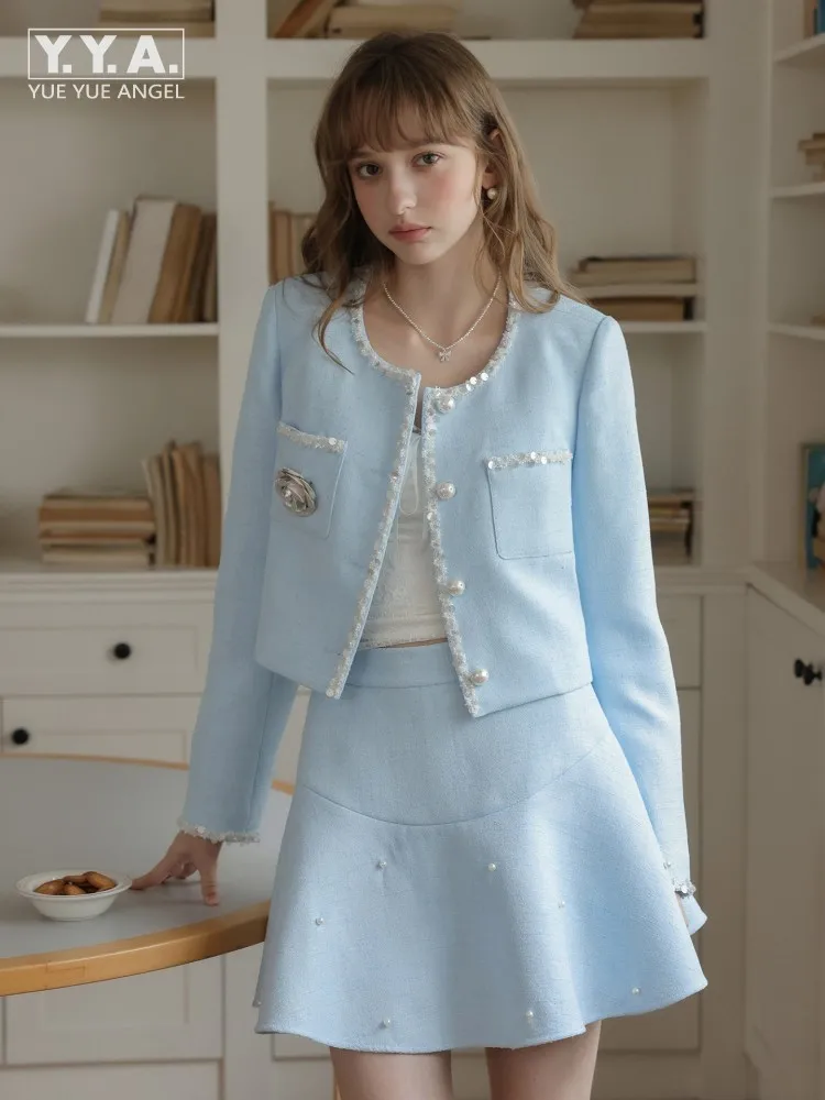 Women Office Light Blue Sequined Beading O Neck Jacket A Line Mini Skirt Two Piece Set Elegant Ladies Work Outfits Autumn Sets