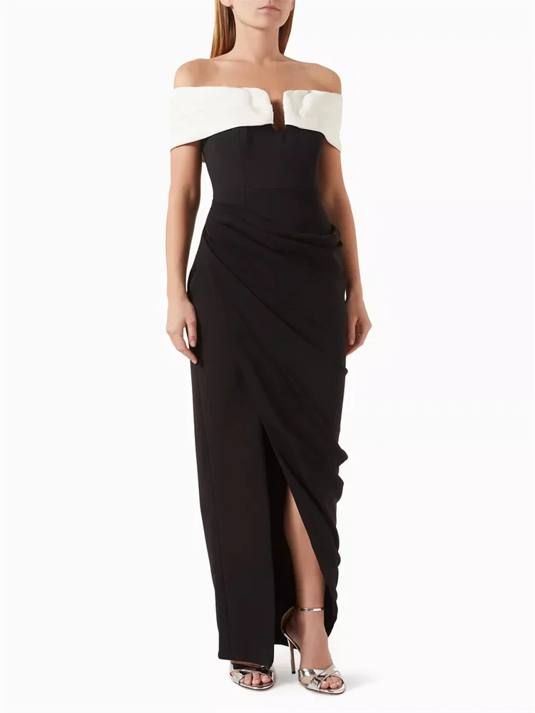 

Customized Black And White Contrasting Pleated Formal Dance Party Evening Dress Sleeveless Off-shoulder Collar Pleated Dress