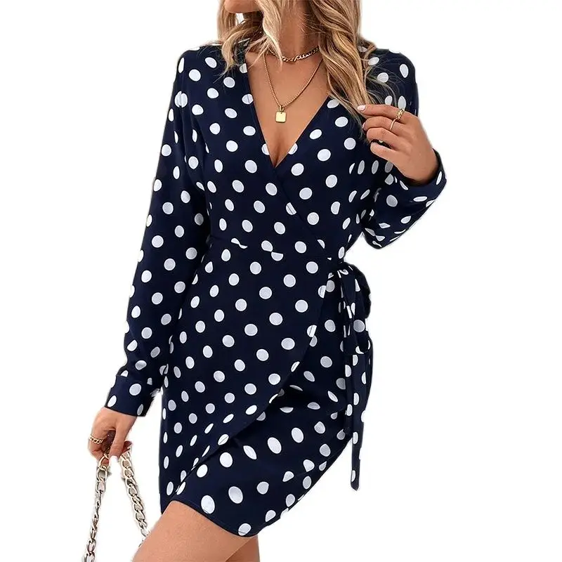 

New Spring Short Wrap Dresses For Women Elegant V-Neck Long Sleeves Dot Dark Blue Dresses Female Clothing Vestidos