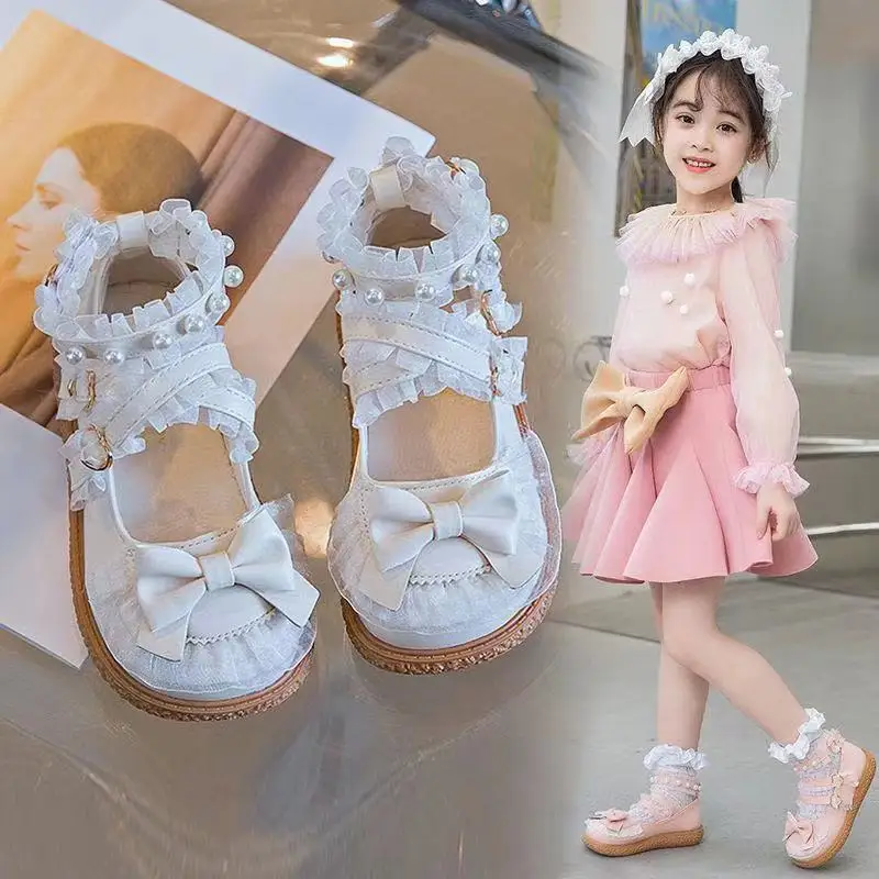 Princess Girls leather shoes Lace Round Toe shoes Cute Baby leather shoes Bar Flats Mary Jane Shoes Bow Lolita Single Shoes Teen