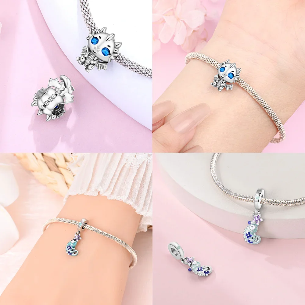 Dijes de la serie Dragon, colgante de plata 925 con pterosaurio, tiranosaurio, camaleón, compatible con Pulsera Original, fabricación de joyería DIY