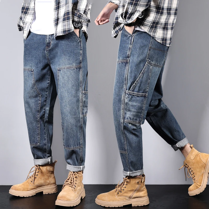 

Baggy Jeans Men Loose Fit Harem Pants Wide Leg Fashion Pockets Hip Hop Streetwear Male Denim Trousers Oversize Jeans Kpop New