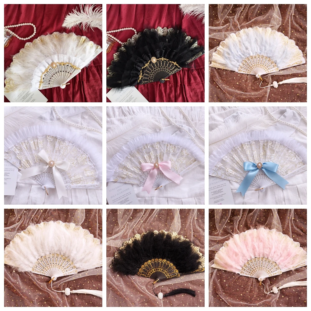 Abanico plegable de plumas Janpenese Sytle Lolita con lazo, dulce Hada, chica gótica oscura, baile de corte, abanico de mano, accesorios de Cosplay