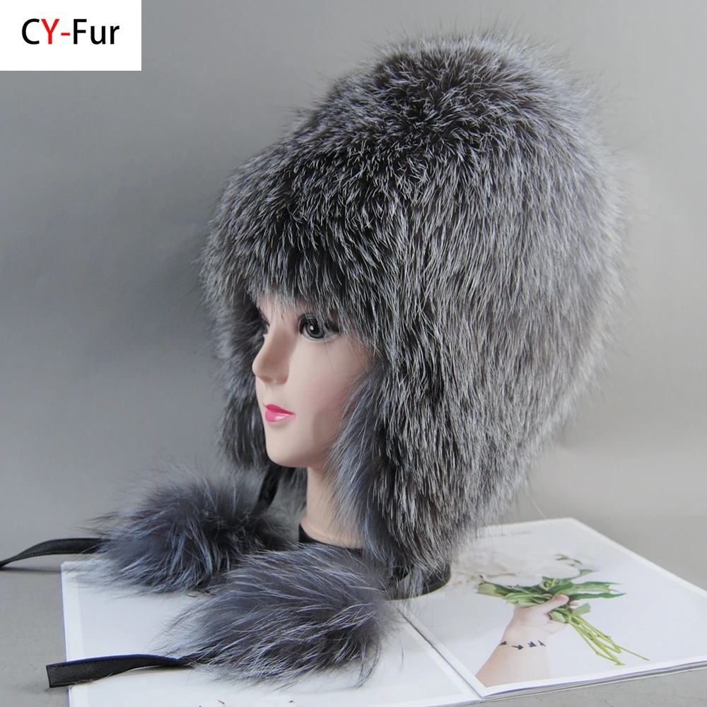 

Russian Winter Thick Warm Fashion Caps Silver Fox Fur Hats Lady Natural Fox Fur Hats for Women Real Fur Beanies Cap Knitted Hats