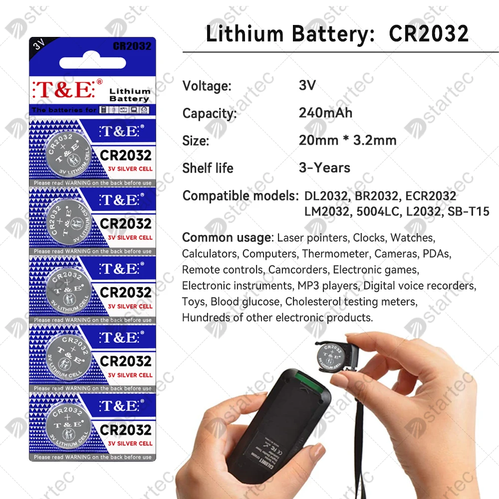 10PCS 240mAh CR2032 5004LC CR 2032 3V Lithium Coin Cell Battery, Watch Toys Electronics Car Key Button Batteries Long Lasting