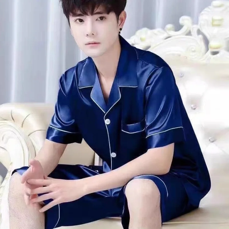New High-End Champagne Ice Silk Pajamas, Men's Summer Thin Cardigans, Short-Sleeved Shorts, Youth Loungewear Set, Pajamas