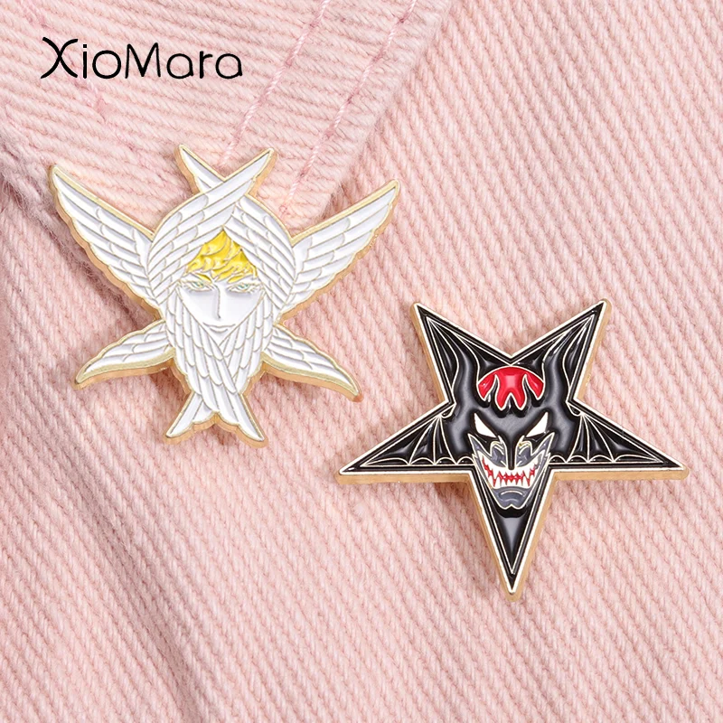 Cartoon Angel Wings Enamel Pin Black Pentagram Mysterious Devilman Evil Smile Brooches Lapel Collar Badge DIY Jewelry Fans Gift