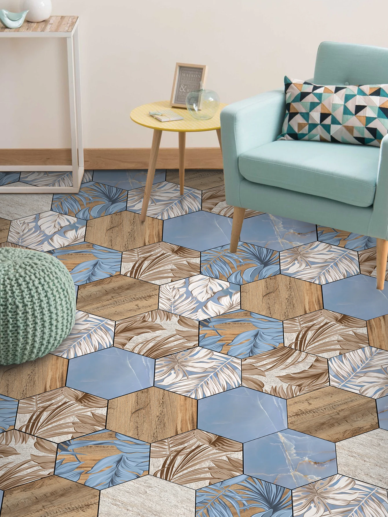 11PCS Bunte Holz Muster Kunst Nicht Trocknen Klebstoff Sechseckigen Boden Aufkleber Hause Freizeit Patchwork Wasserdichte Anti-slip boden S