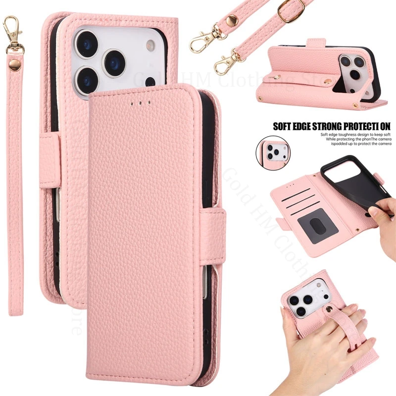 

Crossbody Lanyard Leather Soft Silicone Phone Case For iPhone Apple 17 Air 16e 15 Plus 13 14 Pro Max Wriststrap Book Stand Cover
