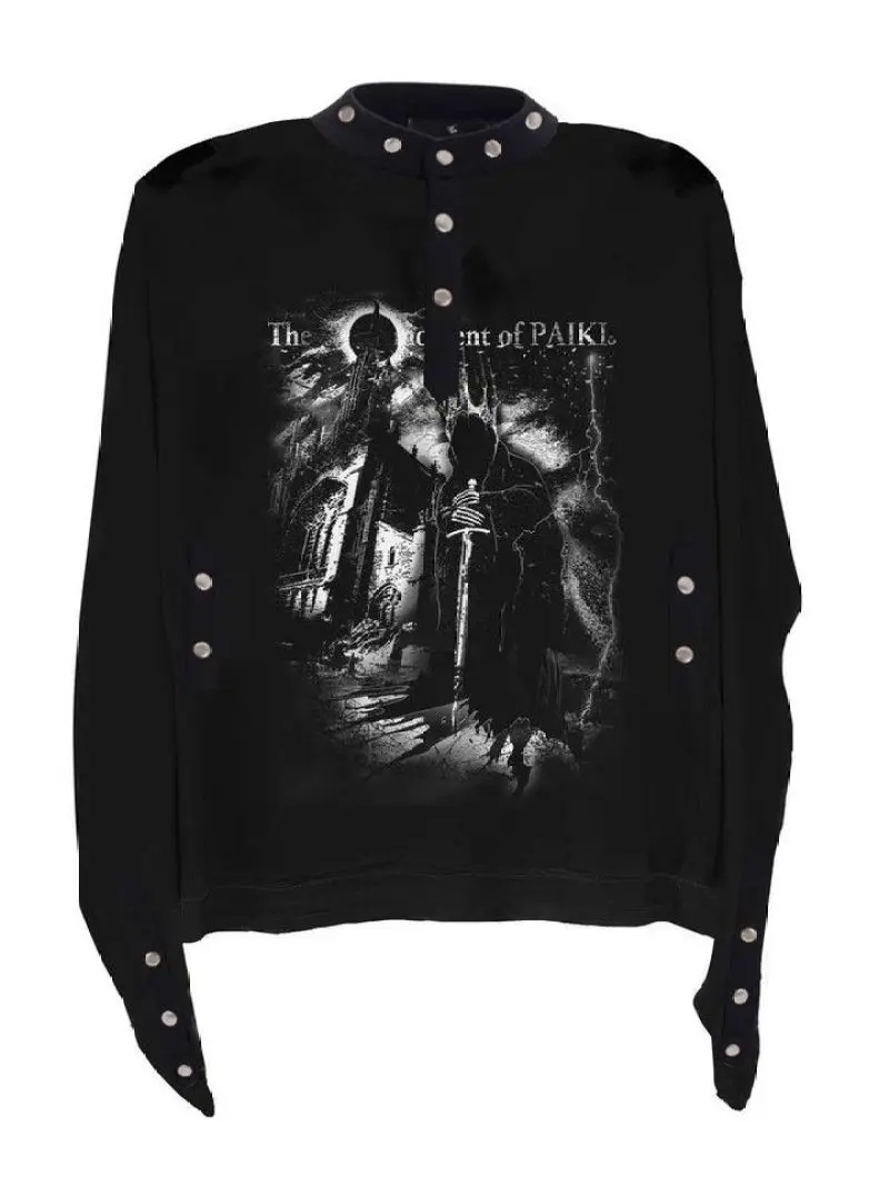 Paiki Print Long Sleeve Top Women Henley Neck & Button Detail Y2K Aesthetic Streetwear 2026