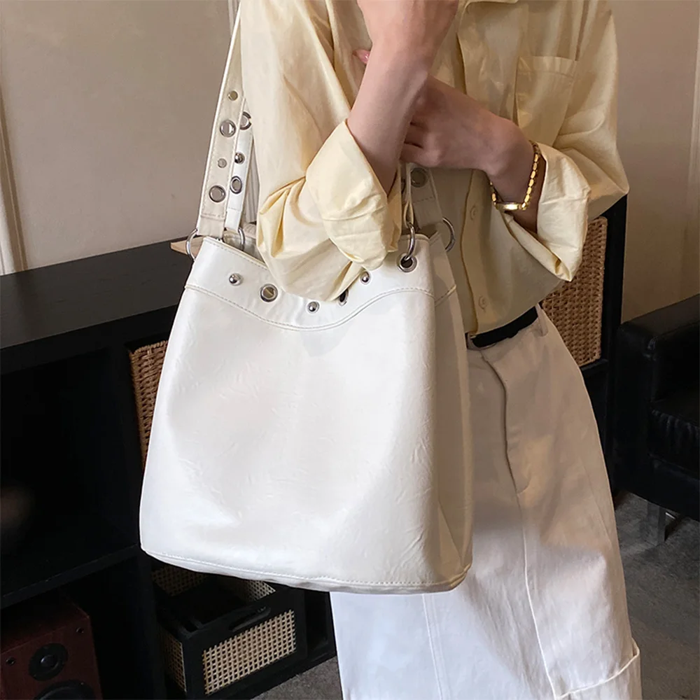 

Korean Style White Bucket Bag, Casual Large Capacity Shoulder Bag with Adjustable Rivet Strap for Women,Work and Everyday Use