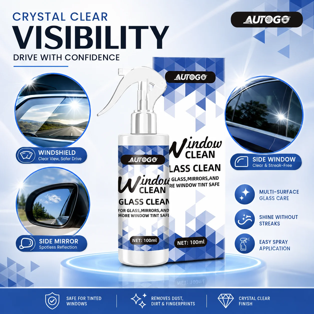 Glass Cleaner Streak - น้ำยาทำความสะอาดกระจกไร้แอมโมเนีย ไม่ทิ้งคราบ ใช้ได้กับหลายพื้นผิว สำหรับกระจกเงา หน้าจอ รถยนต์