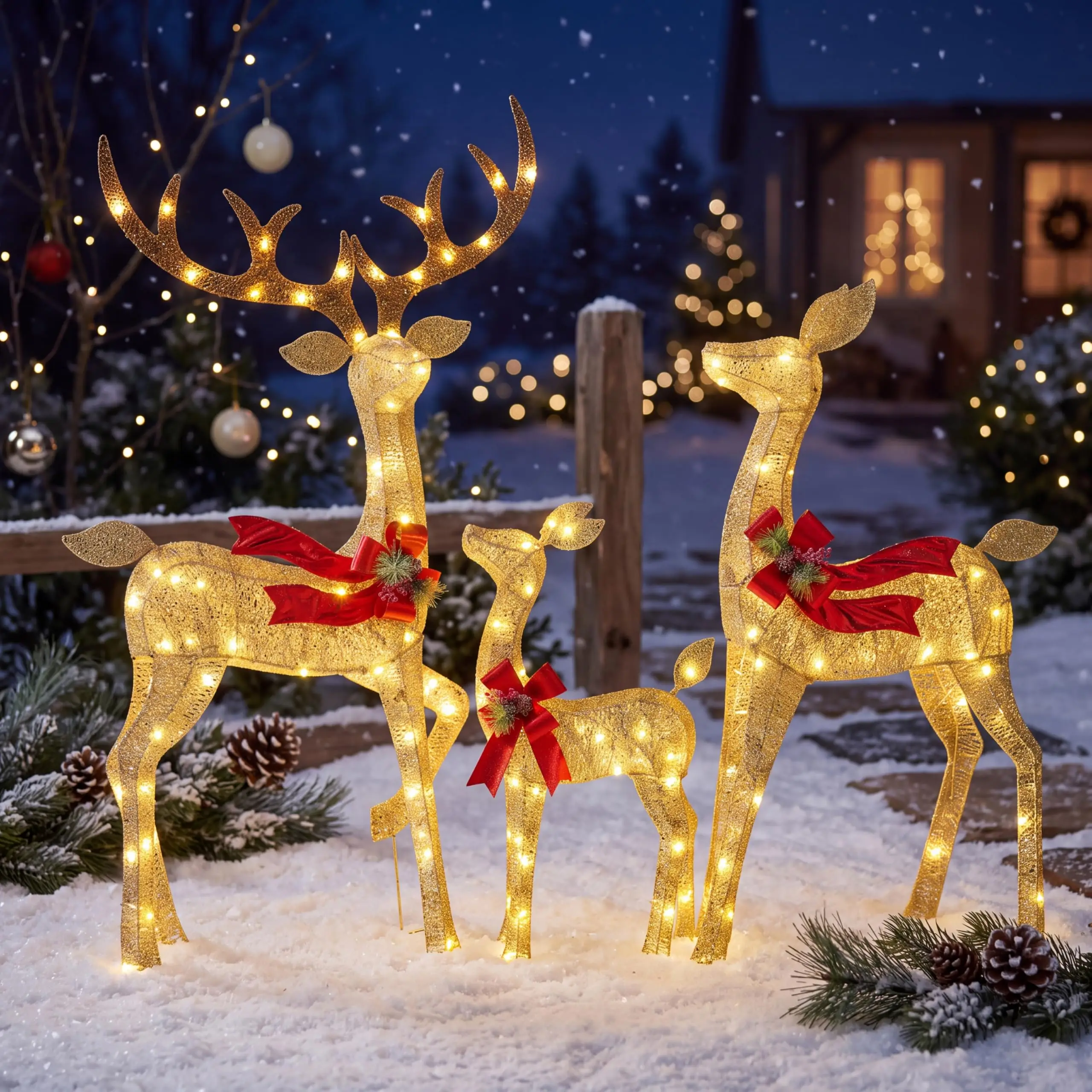 JOYIN Outdoor Christmas Decorations for Yard, 3 Pcs Lighted Christmas Deer Family Set, 3 4 5FT Warm White LED Lights