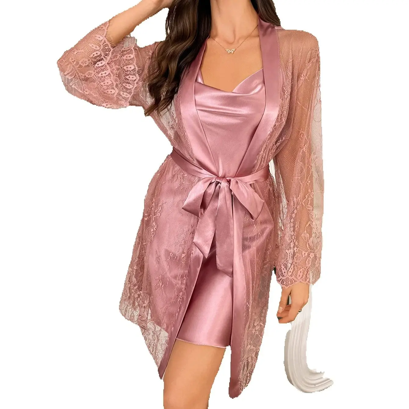 Hot Selling Effen Kleur Polyester Nachtjapon Kant Zien Door Gewaad Voor Vrouwen 2 Stuks Set - afbeelding 2