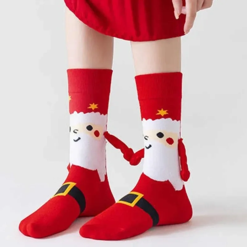 جديد الشتاء الكرتون سانتا كلوز الجوارب المغناطيسية شجرة عيد الميلاد زوجين المغناطيسي عقد الأيدي جورب الرجال النساء منتصف أنبوب جوارب قطنية #5