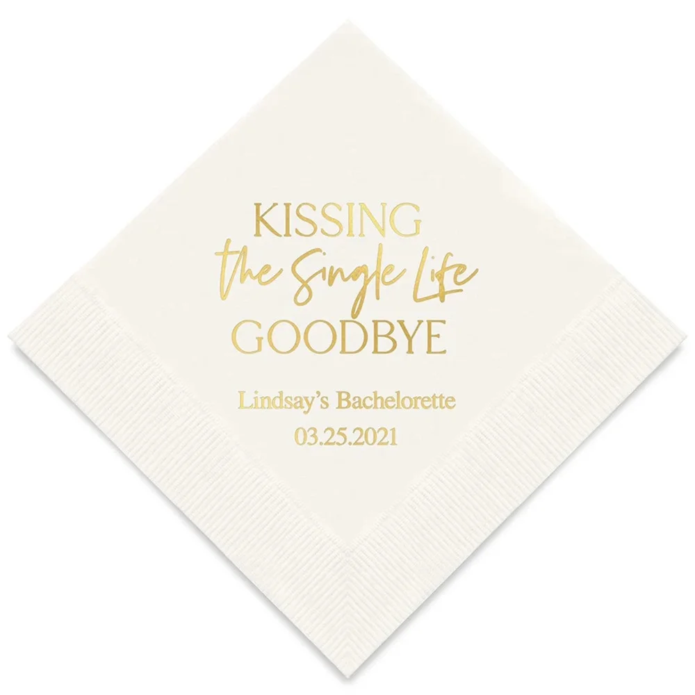 

50PCS Kissing The Single Life Goodbye Personalized Printed Wedding Napkins - 3 Sizes / Multiple Colors