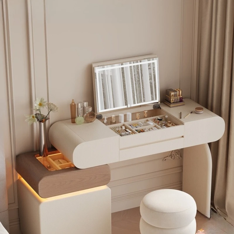 

Rustic Glass Top Dressing Table Light Strip Design Makeup Chair Dressing Table Mirror Stand Women Penteadeiras Rome Furniture