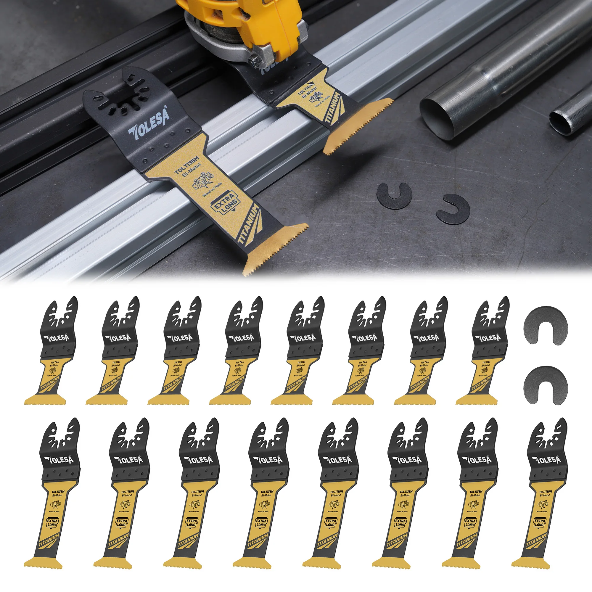 TOLESA 16pcs Extra-Long Titanium Oscillating Saw Blades Multi-Purpose Set for Metal, Wood, Plastic Universal Bi-Metal Saw Blade