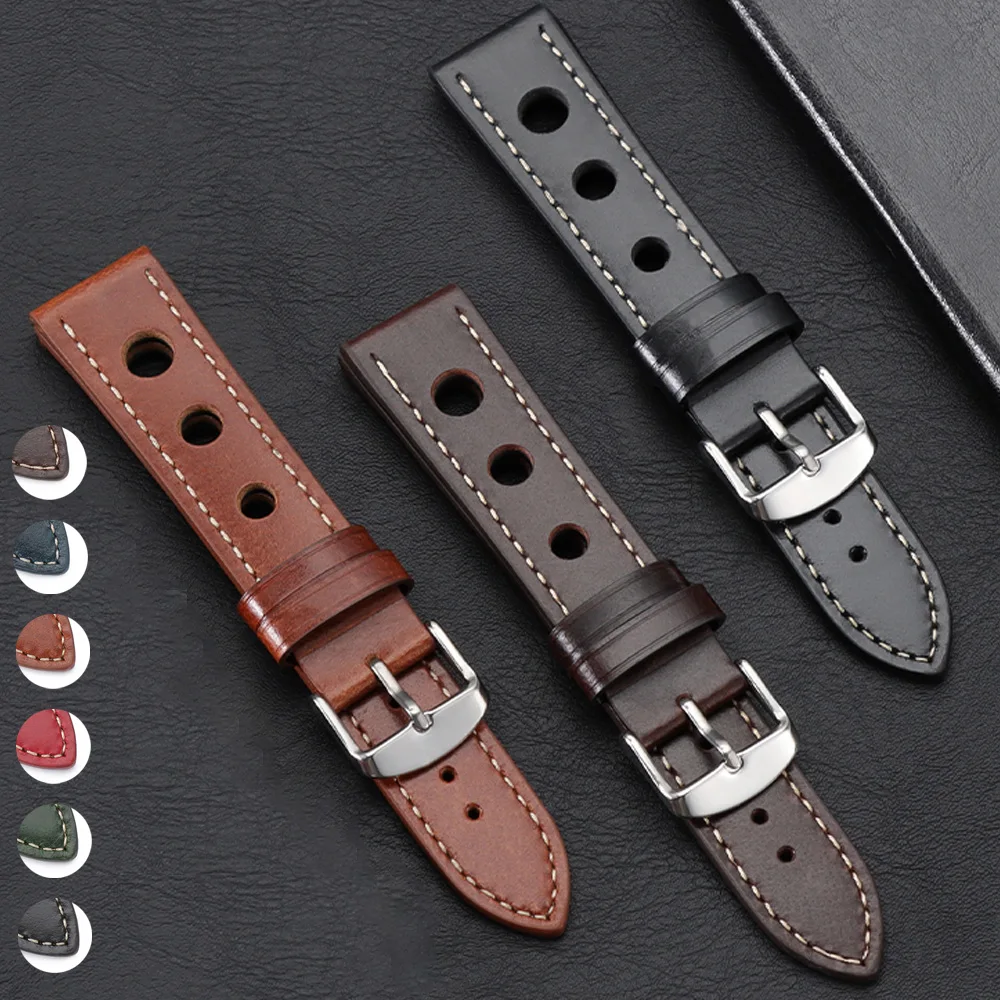 

Cowhide Watch Strap Breathable Bracelet Vintage Genuine Leather Watchband 20mm 22mm Women Men Fashion Belt with Pin Buckle