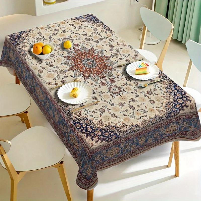 1pc Persian floral printed tablecloth, elegant beige base with blue polyester fabric