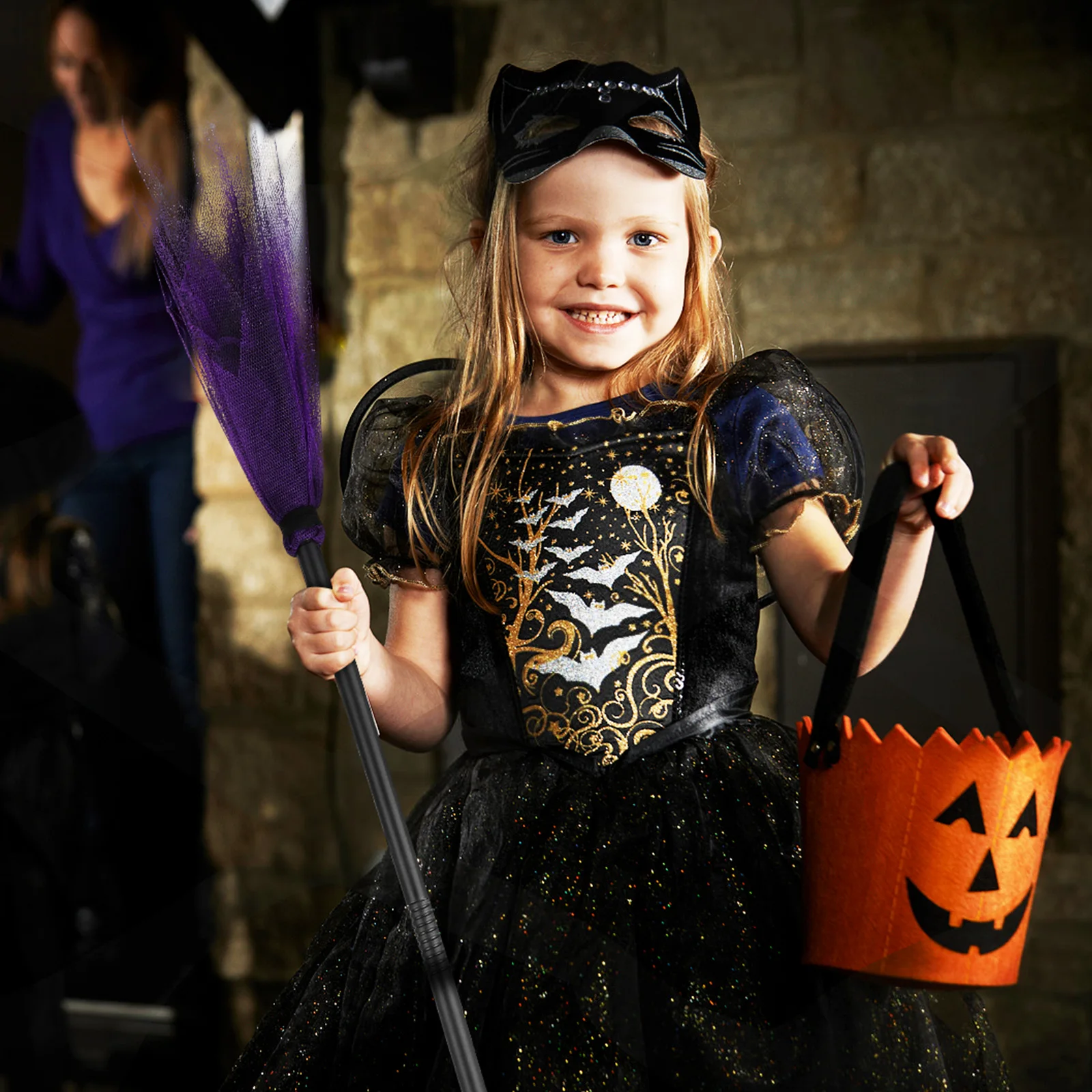 Net Fabric Witch Broomstick Lightweight Plastic Halloween Decor Prop For Women Men Party Stage Cosplay Accessory