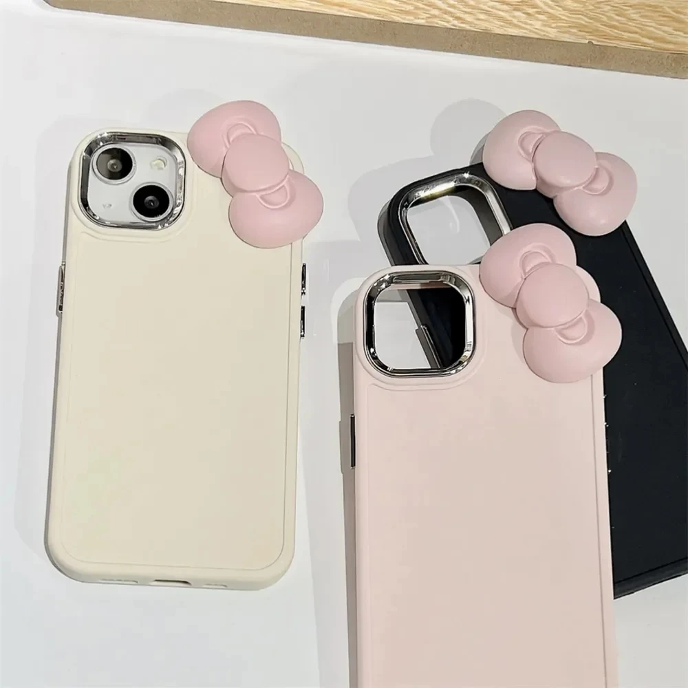 Korean Cute 3D Pink Bowknot Phone Case For iPhone 16 15 14 13 12 11 Pro Max X Soild Color Shockproof Soft Silicone Luxury Cover