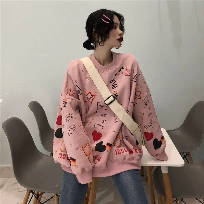 Autumn Winter New Round Neck Long Sleeve Fashion Sweatshirts Women High Street Printing Hip Hop Pullovers Thick All-match Tops