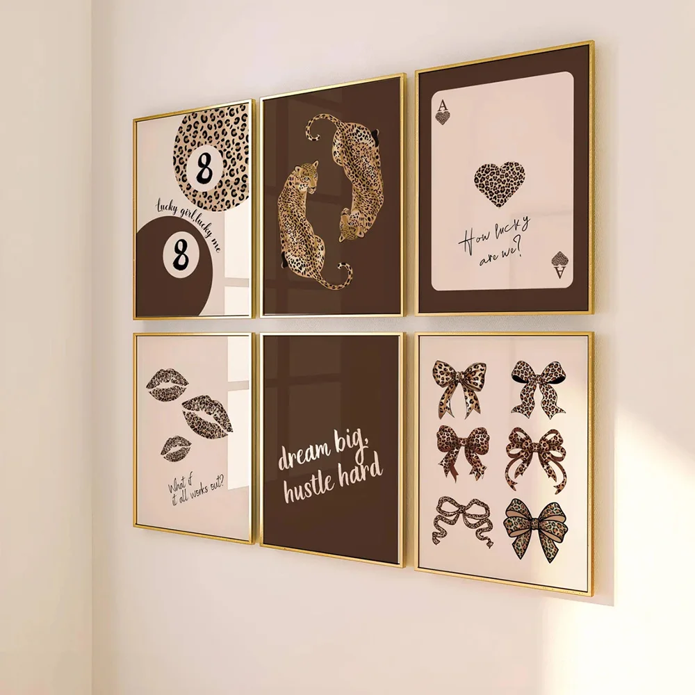 مجموعة من 6 أقواس ليوبارد الفهد البني غير المؤطرة لاكي 8 كرات ملصق فني عصري جمالي كوكيت جرلي غرفة الدوبامين ديكور الطلاء #3