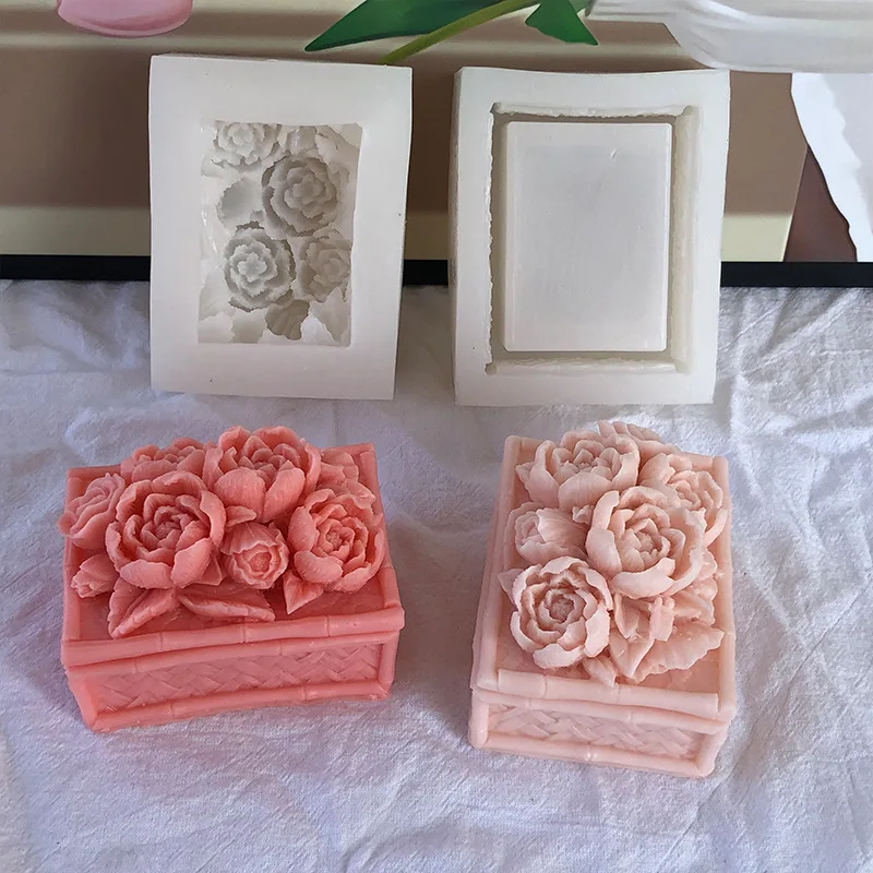 Peony Flowers Pattern Jewelry Box Silicone Molds Rectangle Plaster Storage Jar Mold Concrete Candle Cup with Lid Making Tools