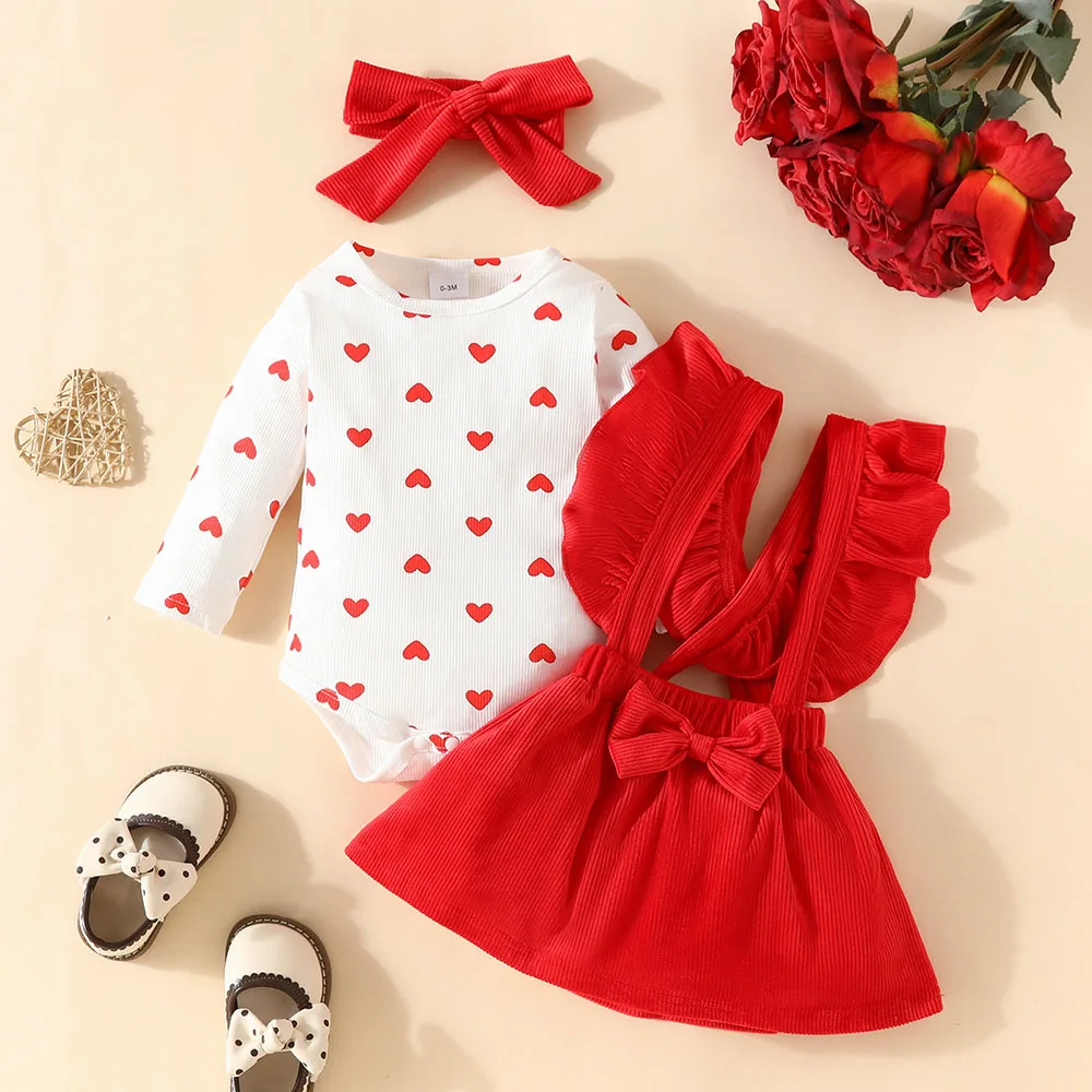 3Pcs 2024 Autumn Baby Girls Clothes Set 0-18M Infant Heart Print Bodysuit Suspender Flying Sleeve Dress with Headwear Sweet Suit