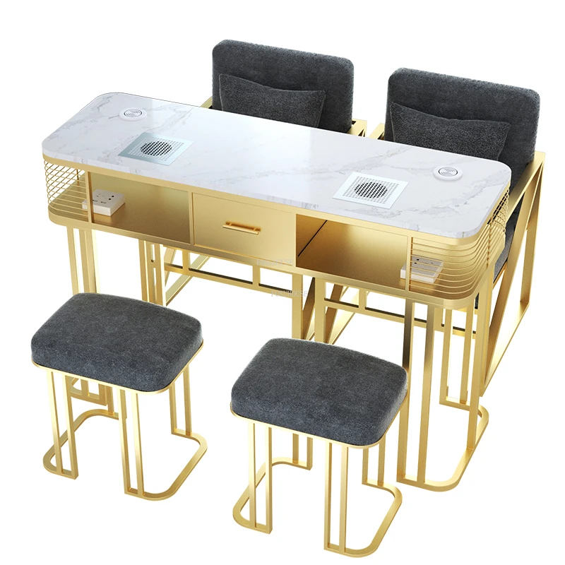 

Luxury Golden Iron Single Nail Tables with Vacuum Cleaner Manicure Tables For Salon Furniture Nordic Double Nail Manicure Table