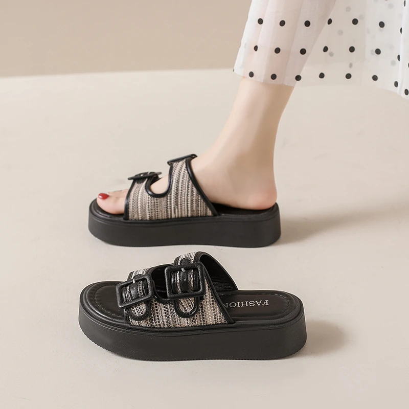 Thick-soled, High-heeled, Slip-on, Hook-and-loop Fastened Fashionable, Versatile, Comfortable and Anti-slip Women's Slippers