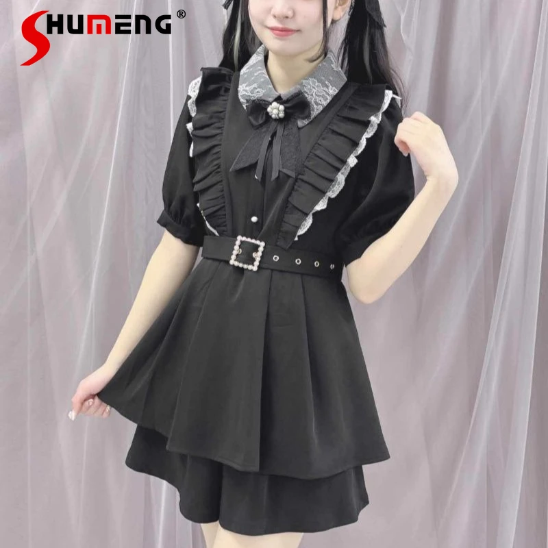 

2025 Autumn Japanese Style SC Rojita Short Sleeves Dress Outfits Kawaii Clothes Slim Fit Bowknot Top And Shorts Two Pieces Set