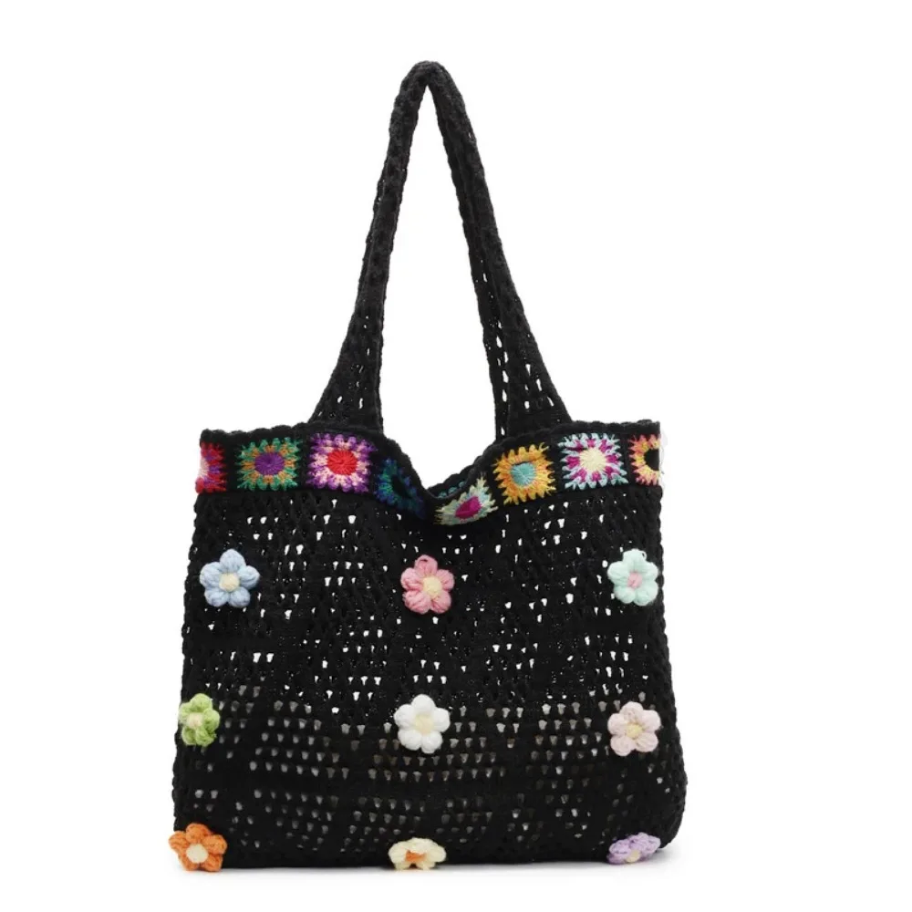 

Hollow Out Crochet Flower Tote Bag Handmade Floral Trim Woven Shoulder Bag Large Capacity Ethnic Style Women's Knitted Handbag