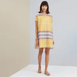 Miyake Pleats Spring 2024 New Short-Sleeved Plaid Simple/Loose Fashion Versatile Women'S Dress/Knee Dress In Stock