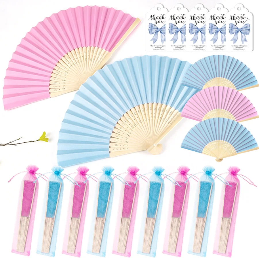 30pcs Foldable Handheld Paper Fans with Bamboo Frame, Ribbon Bag & Label Included, for Wedding Bridal Shower, Festival XJM