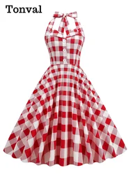 Tonval Gingham 50s Style Red Plaid Rockabilly Vintage Dresses for Women Button Front Halter Party Elegant Backless Dress