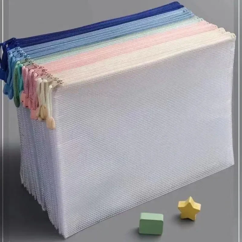 A4 File Bags Transparent Grid Zipper File Student Stationery Large Capacity Carry Storage Bag Office Learning Business Supplies