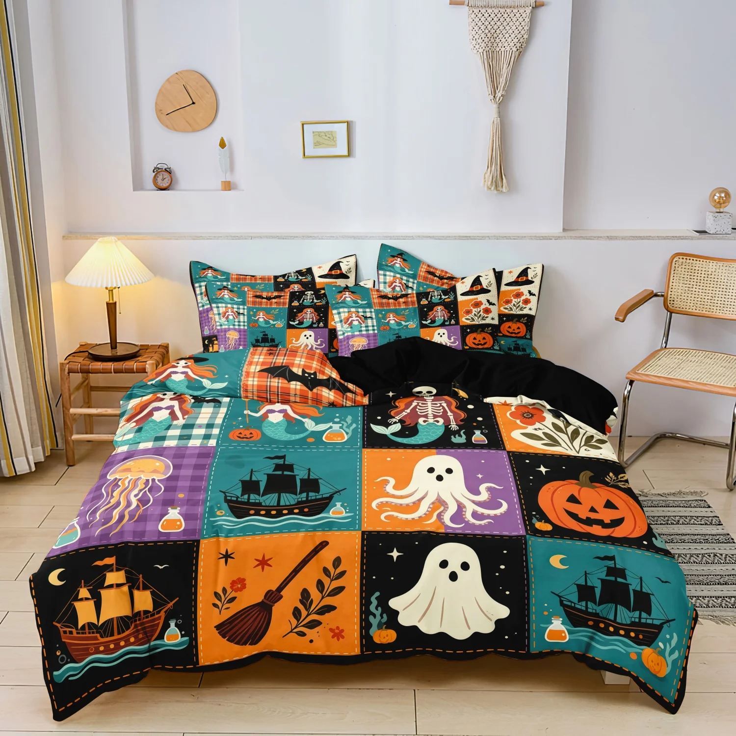  3Pcs Halloween Color Block Grid Print Duvet Cover Set, Spooky Mermaid Pirate Ghost Pumpkin Nautical Print Bedding