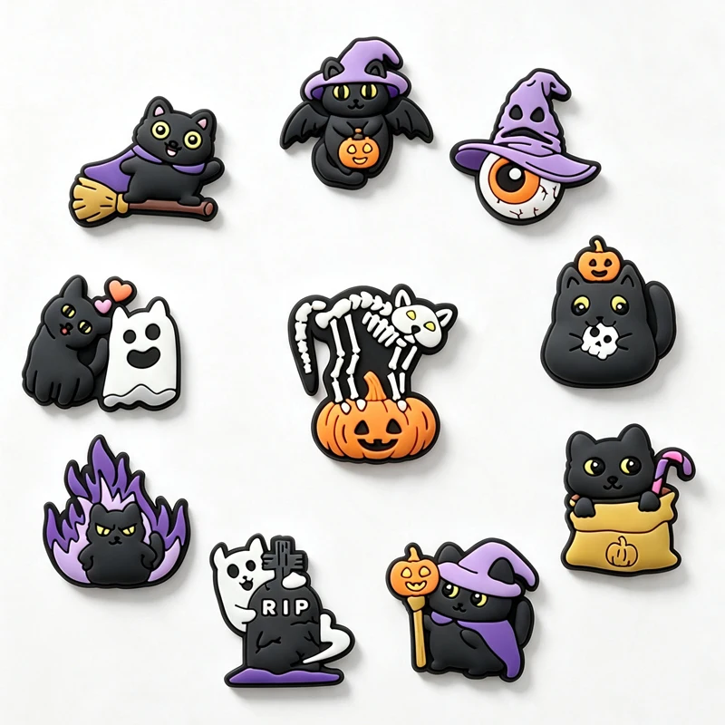 Halloween PVC Shoe Charms, Black Cat Pumpkin Ghost Witch Soft Rubber Clog Decorations, Party Gift for Kids Adults
