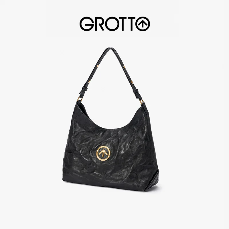 GROTTO Black Stone Hobo Large Italian Vegetable-Tanned Sheepskin Crossbody Shoulder Bag, Simple and Versatile