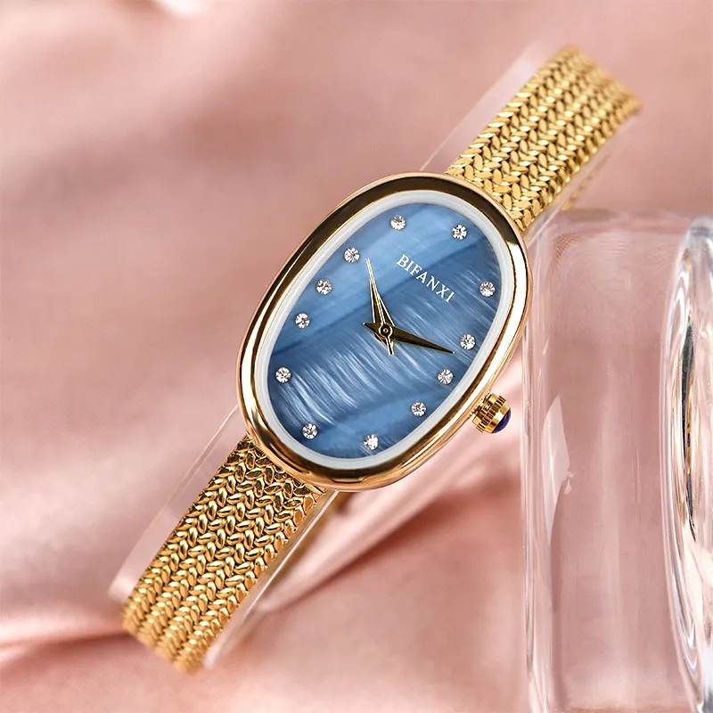 Reloj de cuarzo con forma de Tonneau para mujer, cronógrafo de lujo con diamantes ovalados, esfera de concha Simple, Estilo Vintage