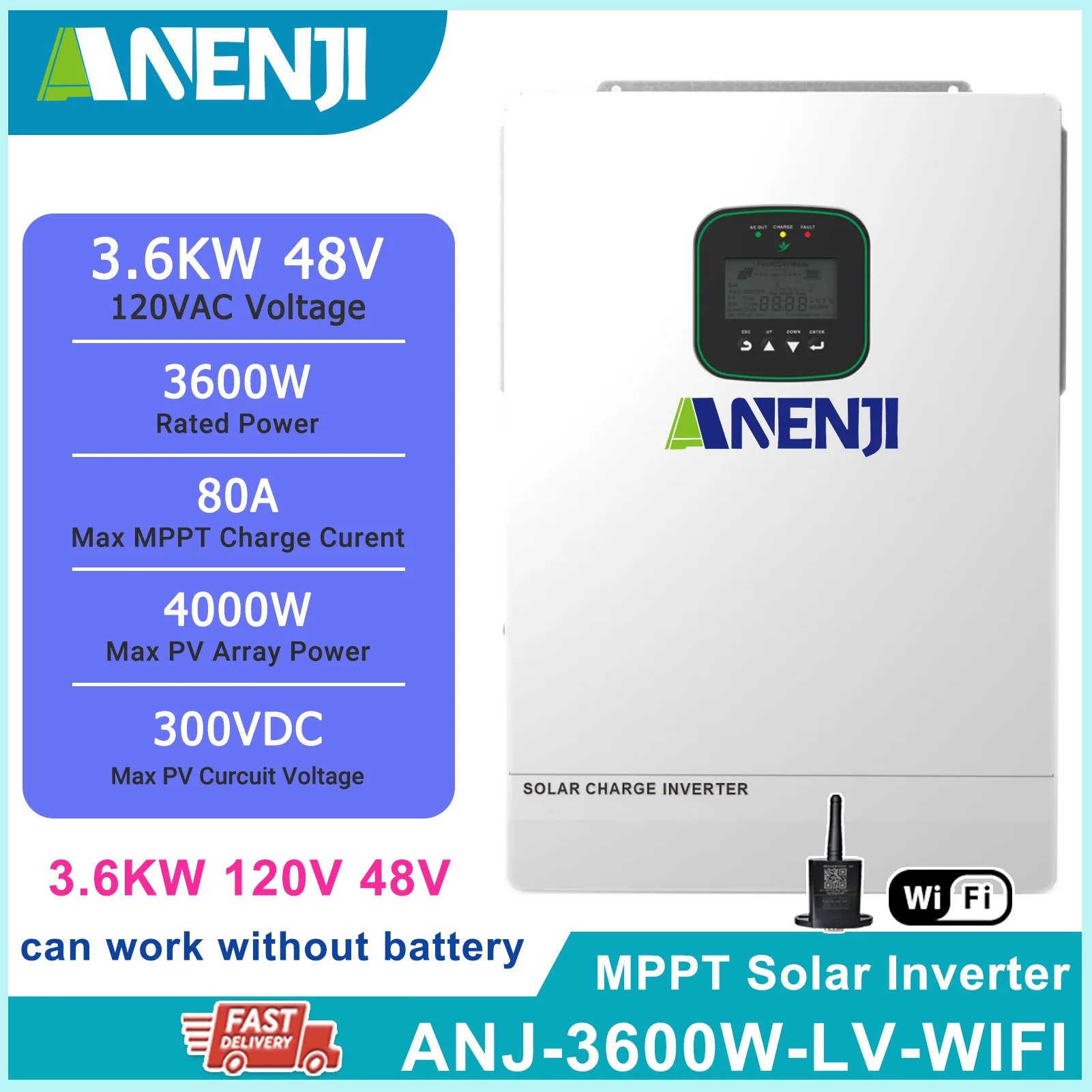 3.6KW On/Off-Grid Hybrid Inverter 48V DC to 120V AC With 80A MPPT Solar Charge Controller with WiFi Fit LiFePo4 Battery