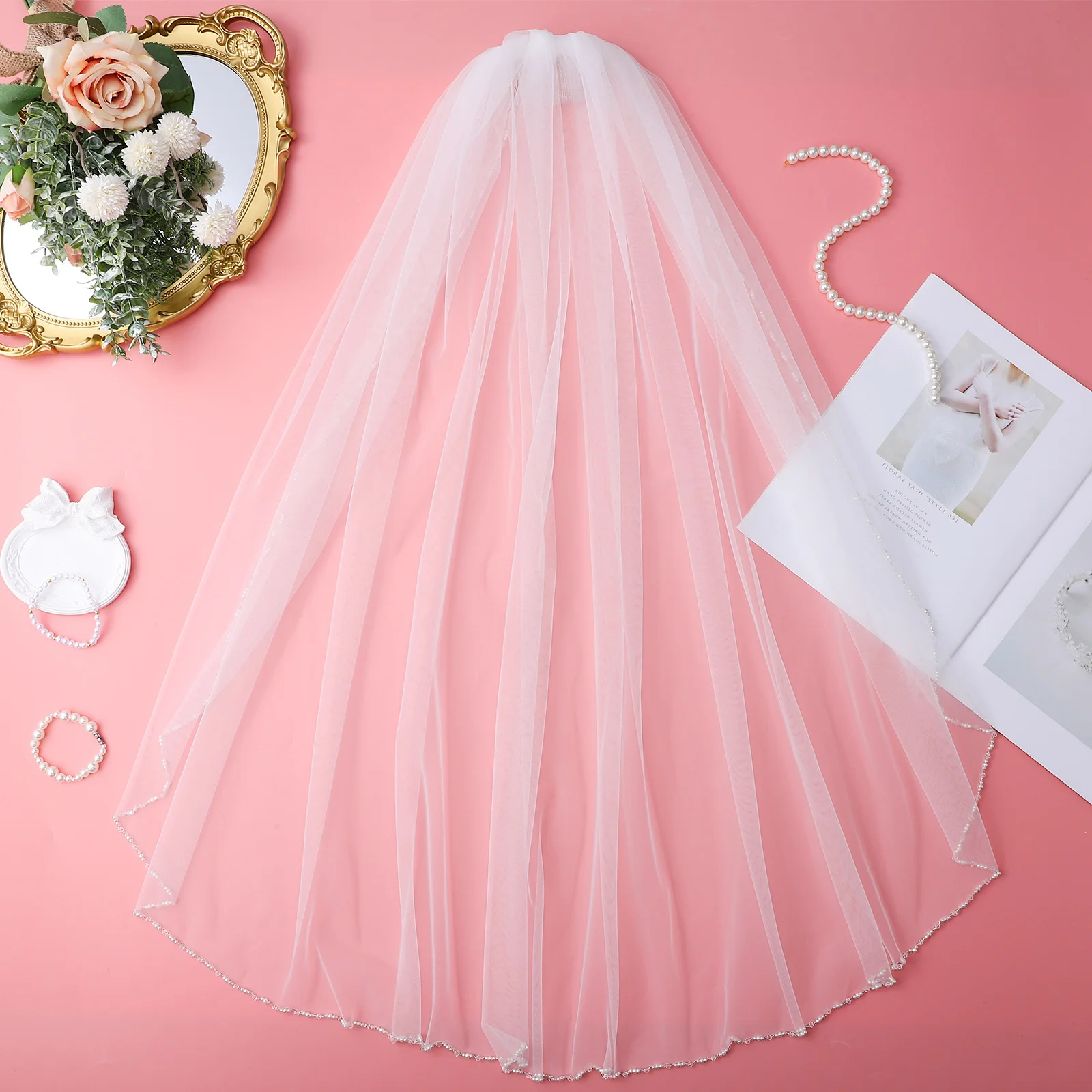 حجاب اللؤلؤ إكسسوارات الزفاف حجاب الزفاف الأبيض للعرائس نسيج مريح لؤلؤ رقيق مرفق مشط متعدد الاستخدامات