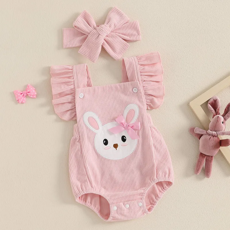 0 to 18 Months Baby Girls Bodysuit Easter Clothes Rabbit Embroidery Fly Sleeve Infant Jumpsuits with Headband