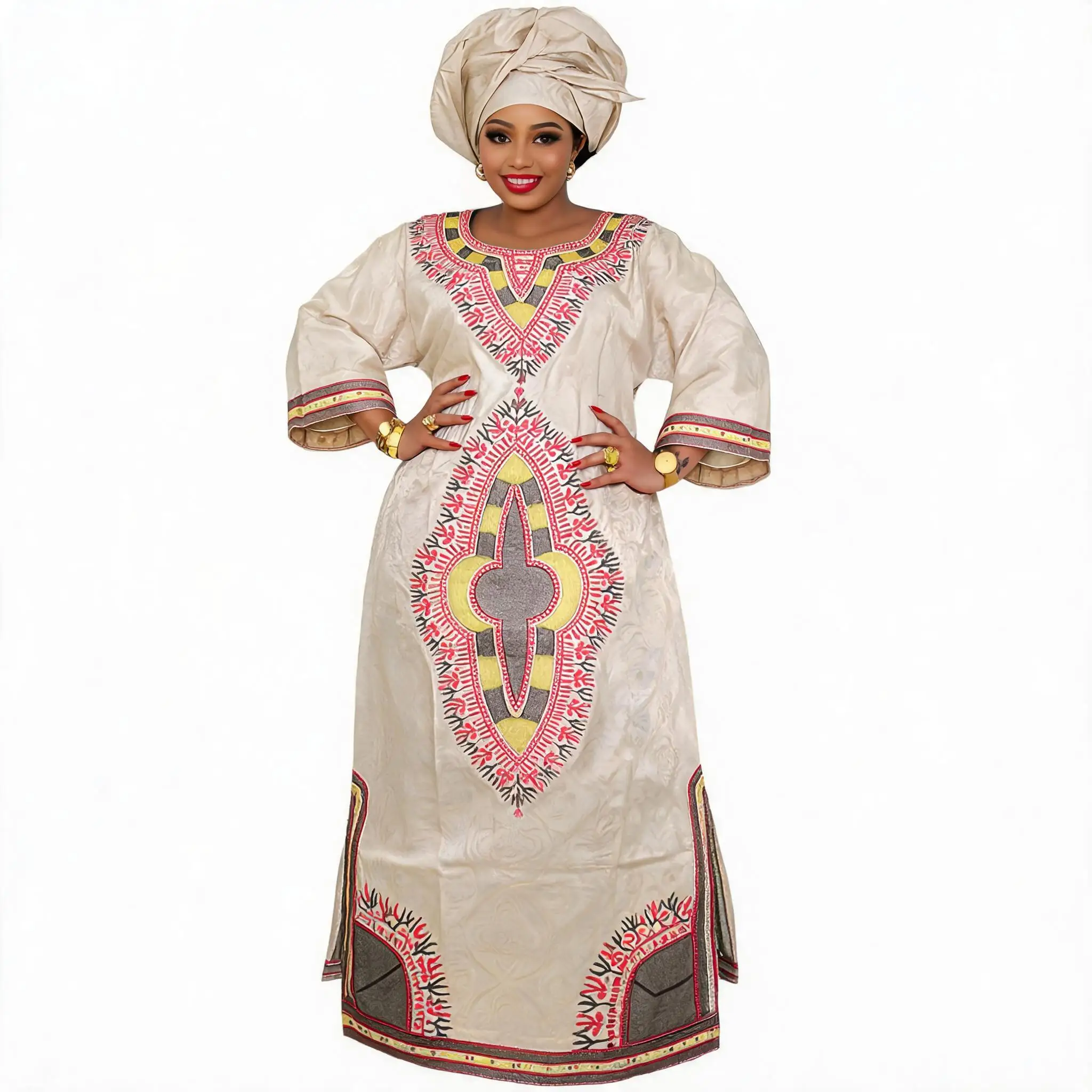 African Dresses For Women Plus Size Bazin Riche Embroidery Design Long Dress With Scarf