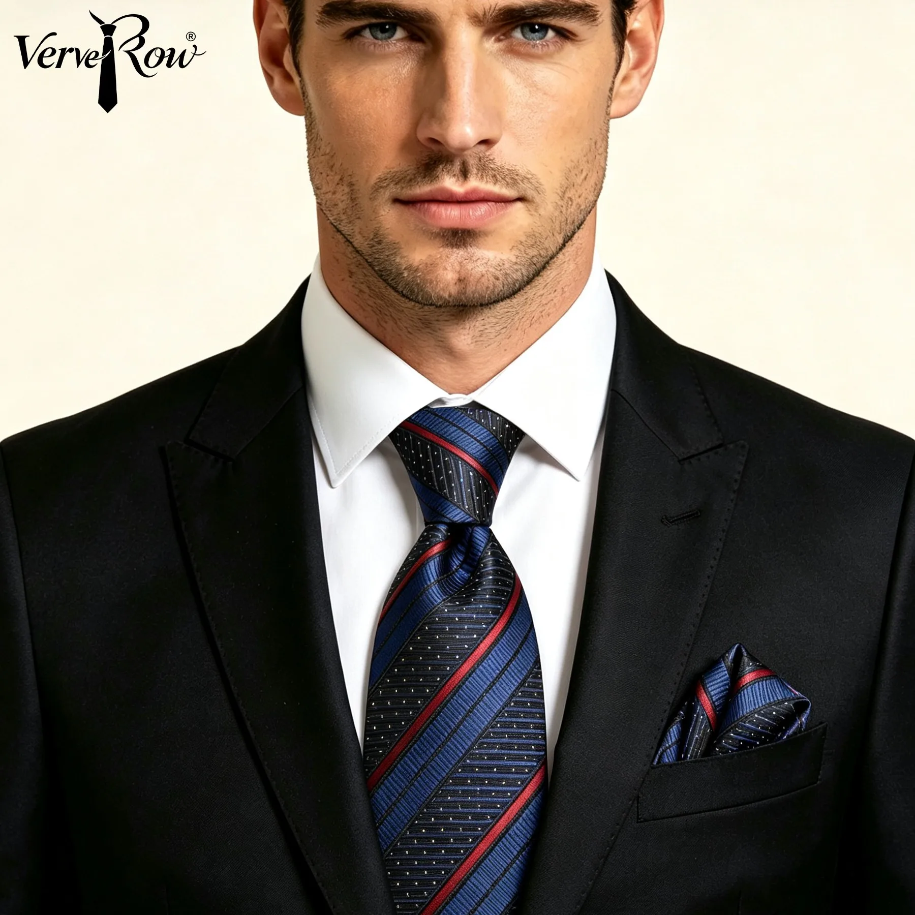 VERVEROW Mens Striped Blue Red Necktie Set with Pocket Square Elegant Formal Tie for Ceremony Party Business Suit