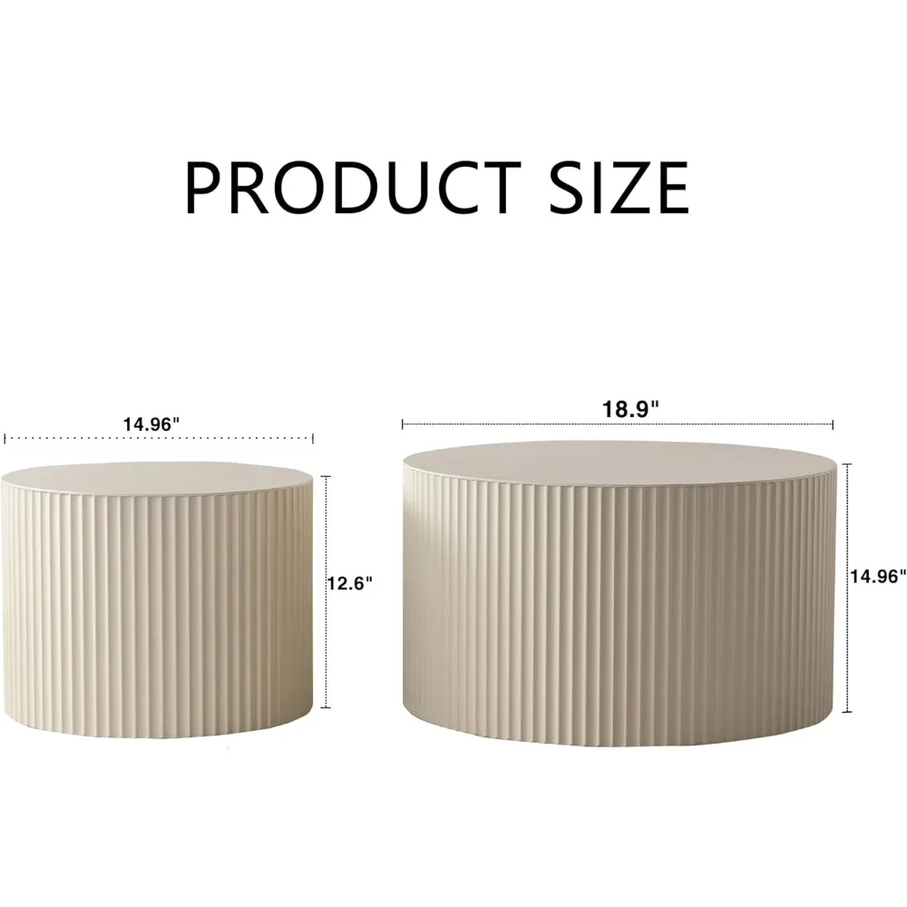 طقم طاولة قهوة متداخلة مستديرة مخططة على شكل موجة خشبية حديثة مكونة من 2، طاولات مركزية باللون البيج #2